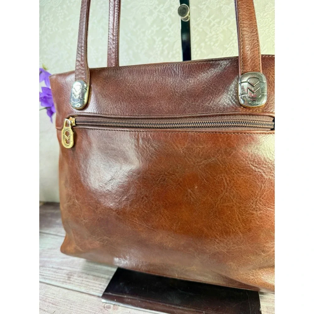 Marino Orlandi Brown Cognac Leather Floral Embossed Tote Bag Italy Shoulder Bag